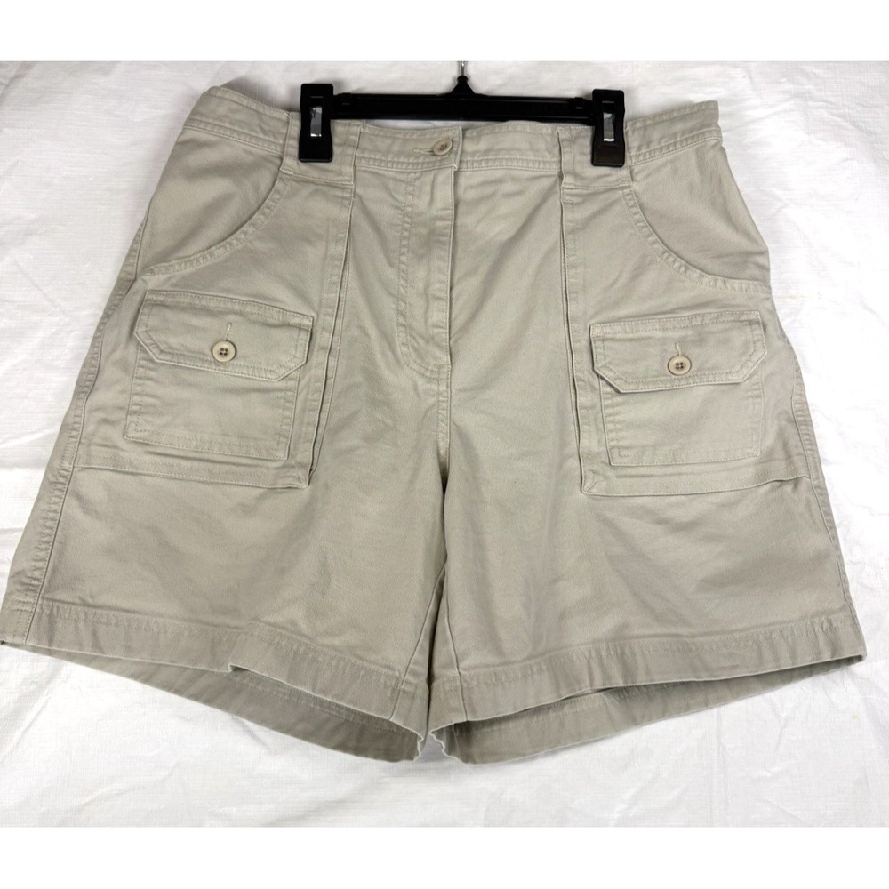 LL Bean Vintage Flat Front Cargo Shorts Womens 14 Khaki Tan High Rise 6 Inseam